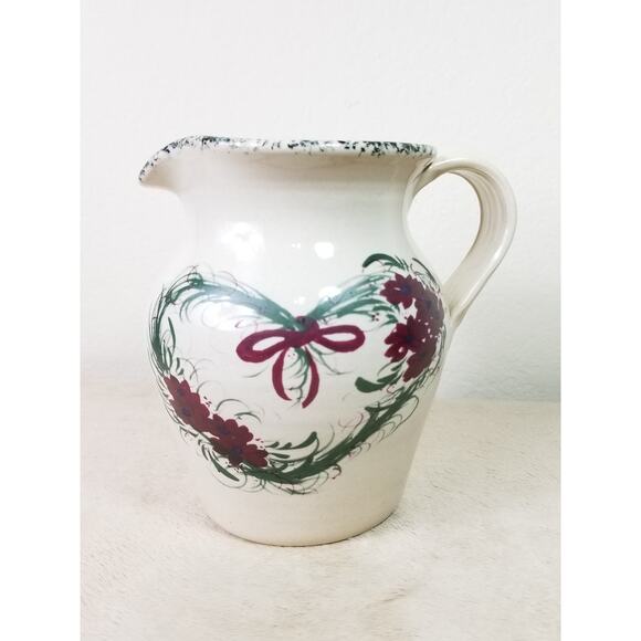 Casey Art Pottery Pitcher Heart Wreath 7" Hand Painted Made in USA Vintage - Picture 2 of 14